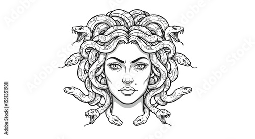 A striking black and white vector illustration of Medusa, the mythical Gorgon from Greek mythology