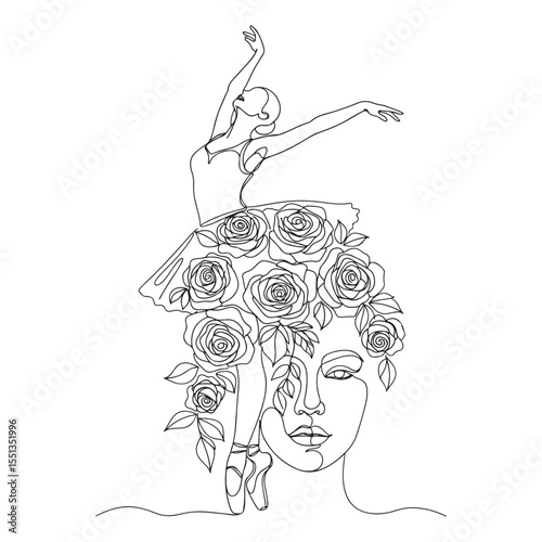 Continuous line drawing of ballerina with roses and woman face