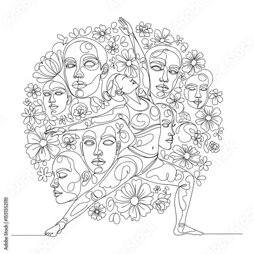 Continuous line drawing of woman in yoga pose surrounded by faces and flowers