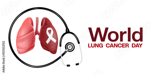 August is World Lung Cancer Day. Lung, ribbon and stethoscope. Suitable for posters, banners and social media. White background.