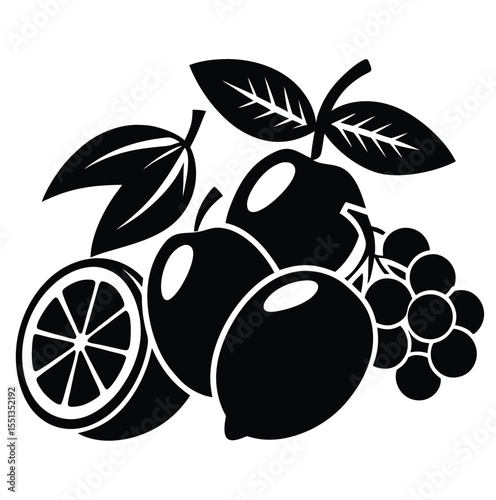 A stylized black and white illustration of a fruit arrangement featuring apples a lemon slice and grapes with leaves perfect for healthy eating or natural product designs