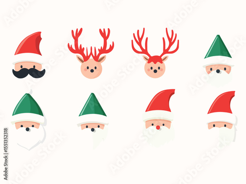 Cute Christmas Characters Santa Claus Reindeer and Elf Heads on White Background