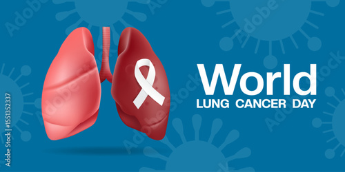August is World Lung Cancer Day. Lung and ribbon. Suitable for posters, banners and social media. Blue background.