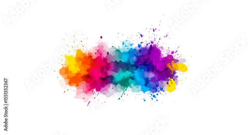 Horizontal Watercolor Color Burst with Overlapping Hues and Radiating Specks on White Background