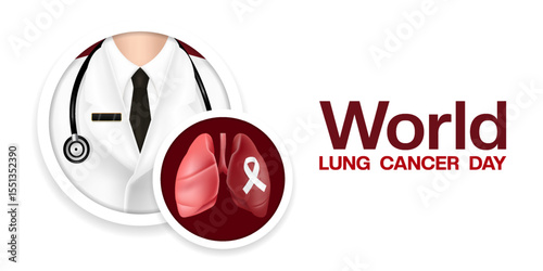 August is World Lung Cancer Day. Lung, doctor and ribbon. Suitable for posters, banners and social media. White background.