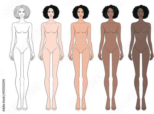 Colored skin tones fashion croquis figurines with afro curly hair woman in vector.