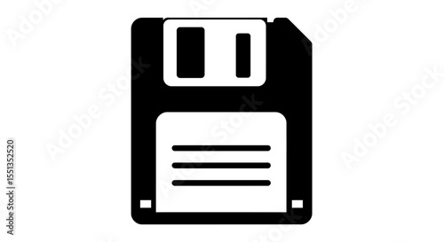 a classic 3.5-inch black floppy disk, featuring a silver metal shutter at the top and a blank white label in the center