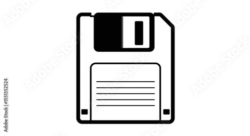 a classic 3.5-inch black floppy disk, featuring a silver metal shutter at the top and a blank white label in the center