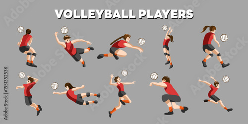 Collection of diverse volleyball players in action poses for sports graphics and event design