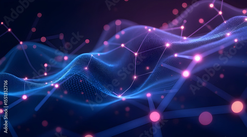 Abstract digital network visualization with glowing pink nodes and blue interconnected lines on a dark background