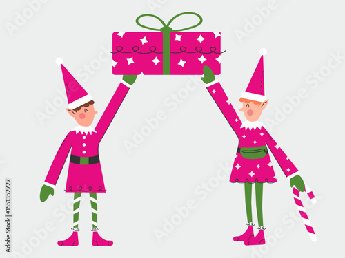 Two happy smiling elves are holding presents. Cute Christmas characters. Vector illustration on isolated background