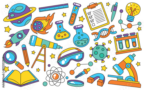 Set of hand drawn science and chemistry element doodle illustration