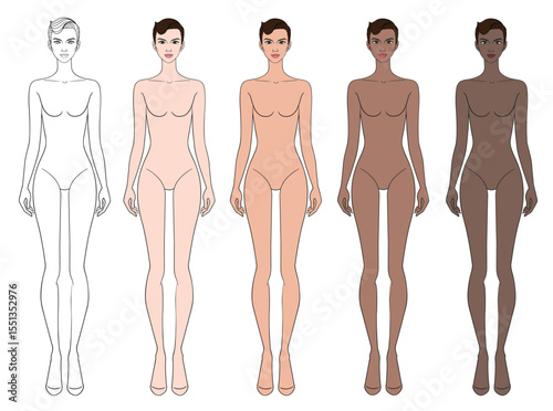 Colored skin tones fashion croquis figurines with sculptural updo hair woman in vector.