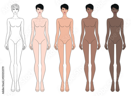 Colored skin tones fashion croquis figurines with short hair woman in vector.