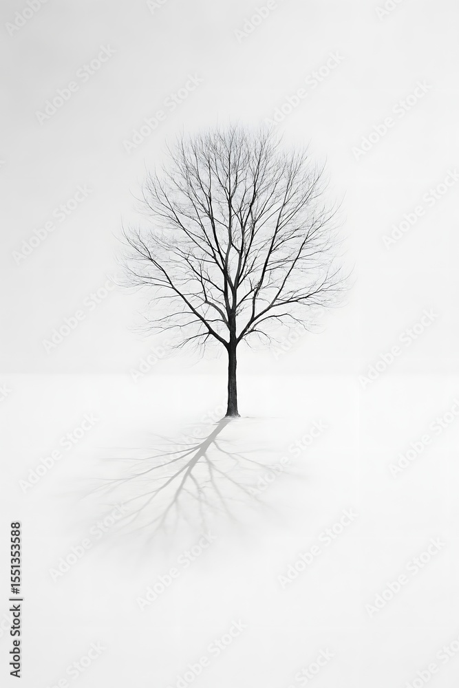 Obraz premium Lonely Bare Tree in Snowy Winter Landscape with Long Shadow, Minimalist Monochrome Nature Scene, Quiet and Serene Atmosphere