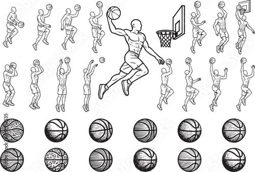 Set of basketball player outline icons in dynamic action poses. Perfect for sports infographics, mobile apps, posters, and active lifestyle design themes.