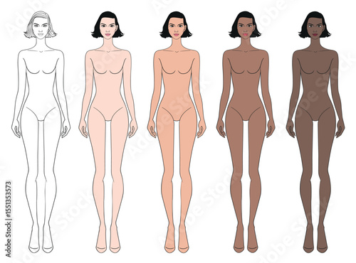 Colored skin tones fashion croquis figurines with short hair woman in vector.