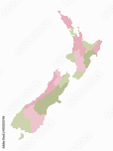 New Zealand dotted map. Digital style map of the country on a white background. New Zealand shape with circle dots. Colored dots style. Small-sized circles. Creative vector illustration.