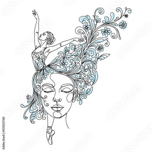 Line art ballerina with floral hair and blue accents