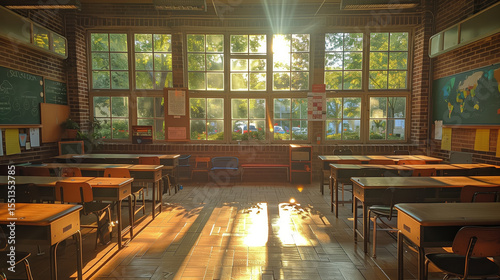 Empty classroom. Empty chairs in an empty classroom. School education. Knowledge Day. September 1st. Auditorium. Sunny positive day. Autumn