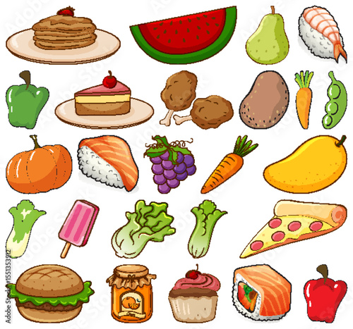 Collection of fresh healthy vegetables illustrated with vibrant colors and clean lines for culinary and health related designs