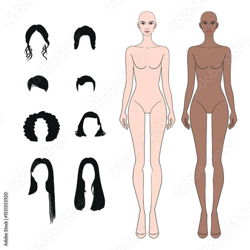 Mix and match colored fashion figurines female body with different hairs in vector.