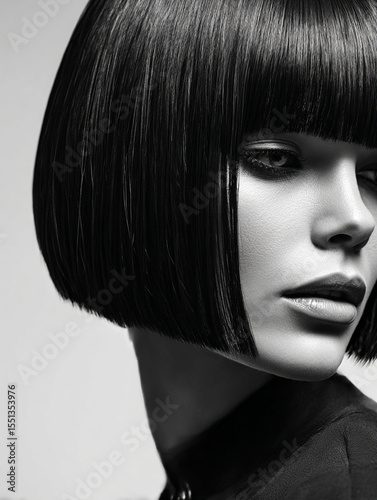 black and white shot of a woman with a severe, geometric haircut, like a sharp, asymmetrical bob or a blunt micro-fringe