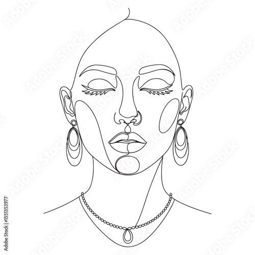 Minimalist line drawing of a woman with closed eyes wearing earrings and a necklace
