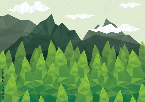 Stylized low poly forest landscape with geometric trees and a vibrant color palette