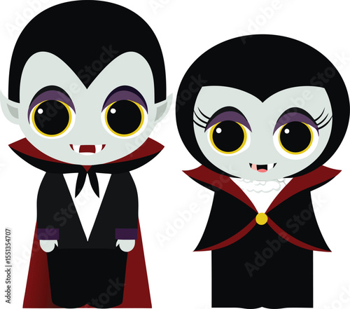 Cute Cartoon Vampire Couple in Black and Red Costumes for Halloween