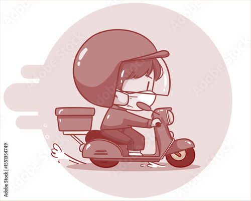 cute man riding_motorcycles_cartoon_Food_delivery_art_illustration