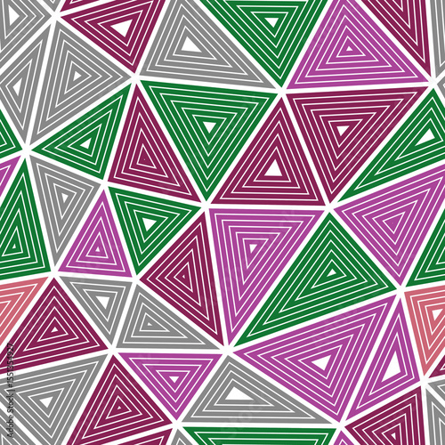Abstract Mosaic Background. Multiple repeated inner triangles. Large triangle size. Multiple colors style. Seamless pattern. Elegant vector tiles. Modern vector illustration.