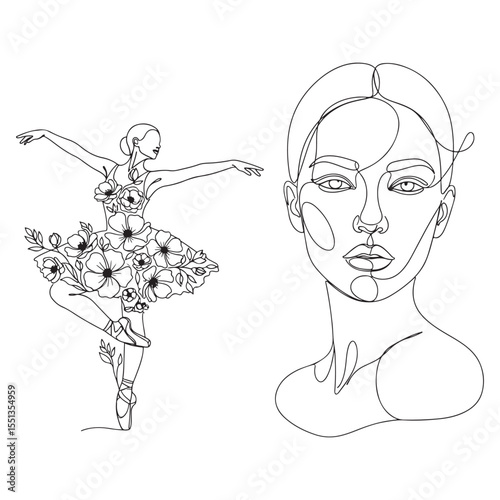 Single line drawing of ballerina and woman's face dance