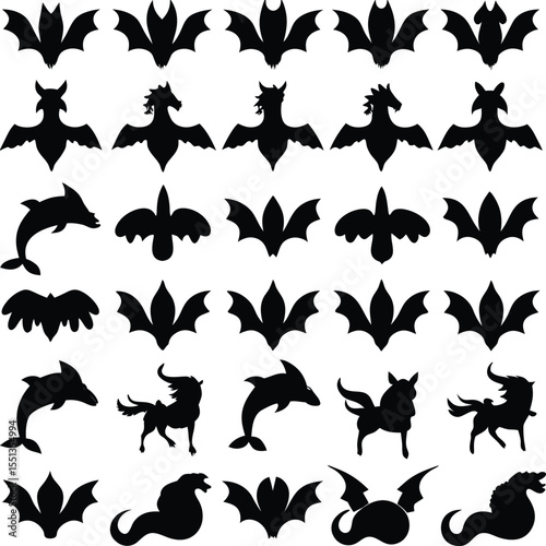 Black silhouettes of various creatures including bats dragons dolphins and fantasy animals in a decorative and patterned arrangement