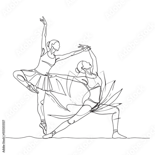 Two female ballet dancers in graceful poses one legged pose