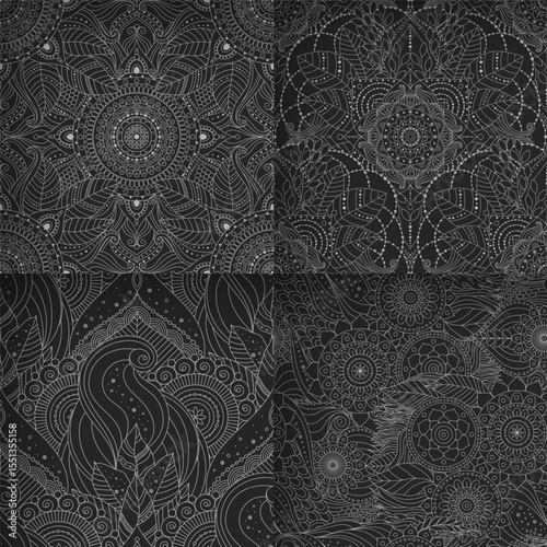 Ethnic seamless patterns set with floral details in dark color palette. Oriental motifs, abstract ornaments depicting flowers, leaves, mandalas.