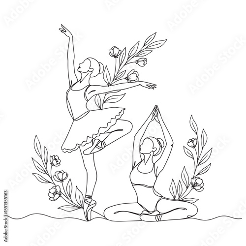 Two women one ballet dancer one yoga practitioner with floral elements