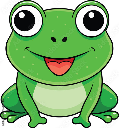 Friendly Frog: A charming cartoon illustration of a cute and friendly green frog, exuding joy and happiness with a delightful smile and wide, inviting eyes.
