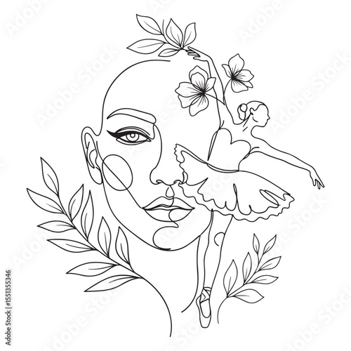 Woman face and ballerina in one line art with leaves