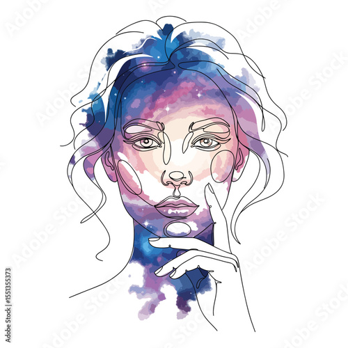 Woman Face Galaxy Watercolor Line Art portrait