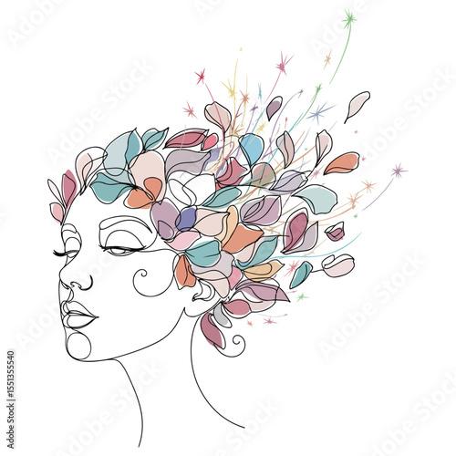 Woman face with abstract colorful floral hair and sparks