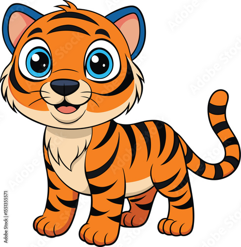 Cute Cartoon Tiger Cub: A charming cartoon depiction of a playful tiger cub, its expressive eyes and vibrant stripes radiating joy and friendliness.