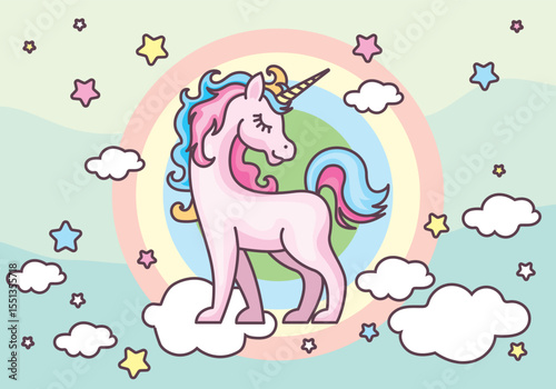 Magical unicorn illustration with rainbow mane and sparkling details on a white background