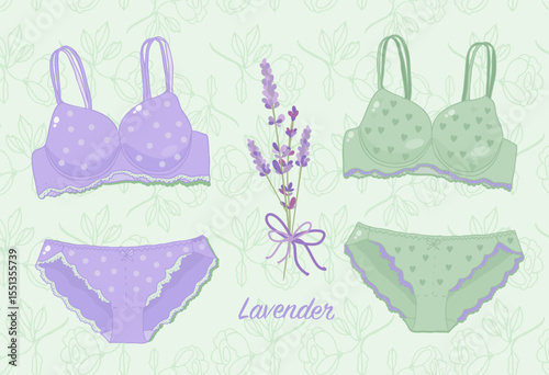 Set of lavender underwear. Lavender sprigs. Vector illustration
