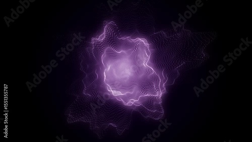 Digital technology wave. Dark cyberspace with purple motion dots. Explosion of a wave of particles in a flow. Futuristic digital background. Big data analytics. 3d rendering.