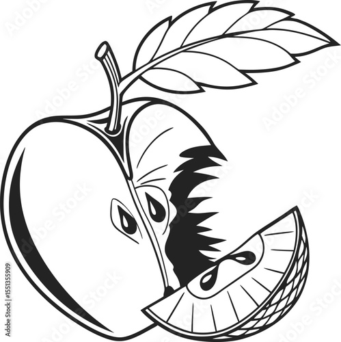 Black and white vector tattoo illustration of an apple with a leaf, a tribal symbol of nature and wild design