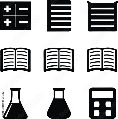 Collection of educational and scientific black icons depicting mathematics reading and laboratory equipment on white background