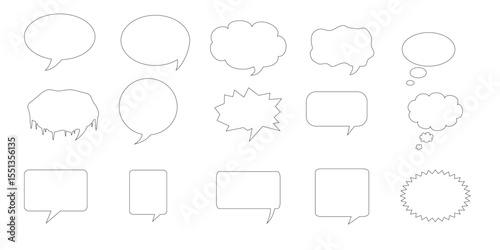 Vector Speech Bubbles Set, Black Icons Isolated on White Background. Comic book style outline chat, dialogue, and shout box shapes.
