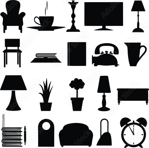 Collection of stylish black silhouette home and living items illustrating furnishings and accessories for modern interior design and home decor concepts