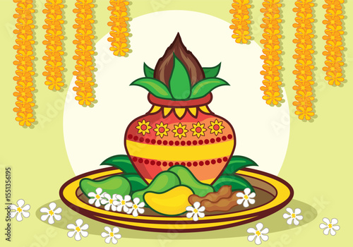 Vibrant ugadi festival banner illustration featuring traditional indian motifs and celebratory elements in colorful cmyk design
